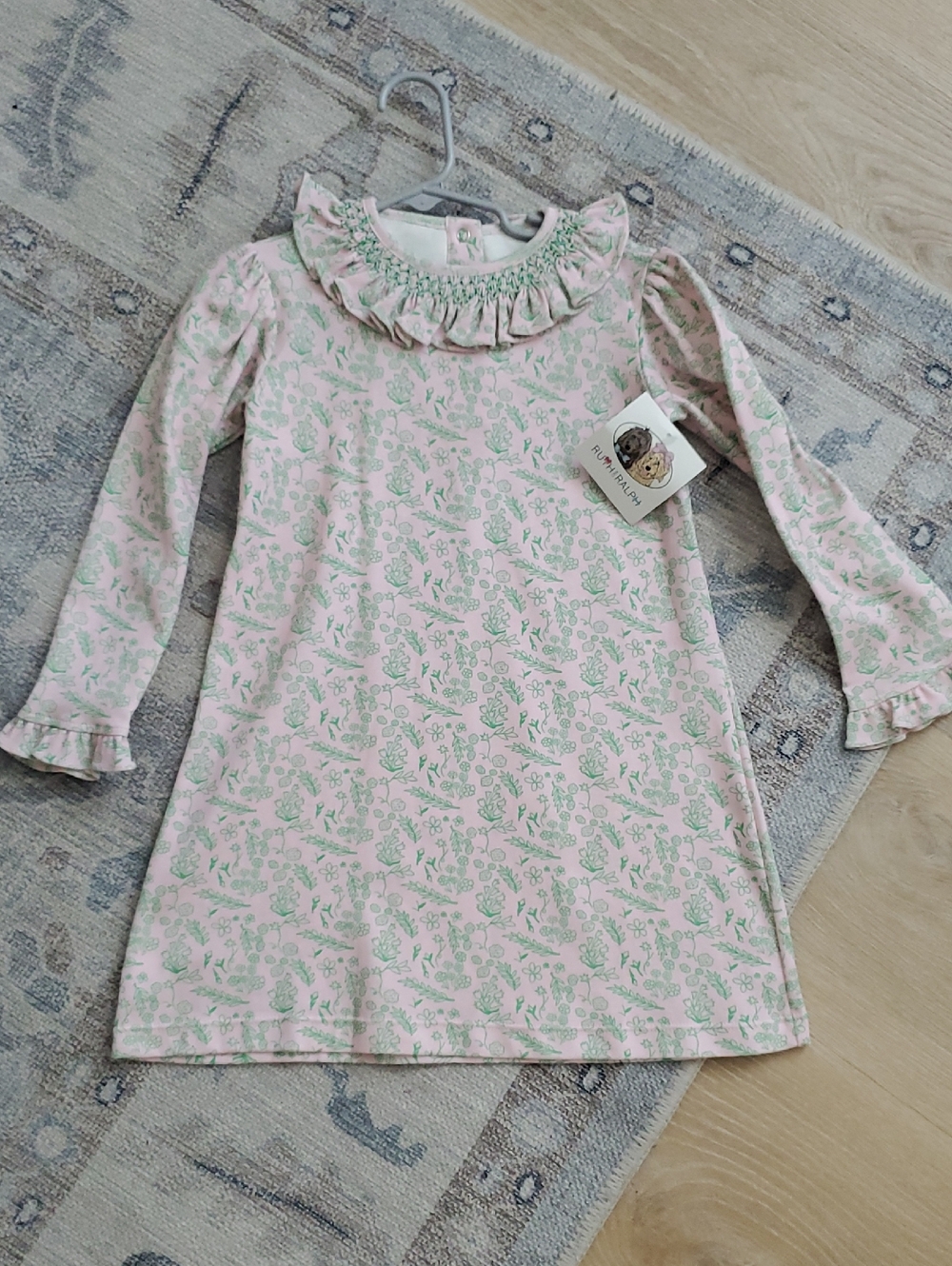 NWT Ruth & Ralph Girls Pink Green Smocked Embroidered Long Sleeve Dress Sz4T